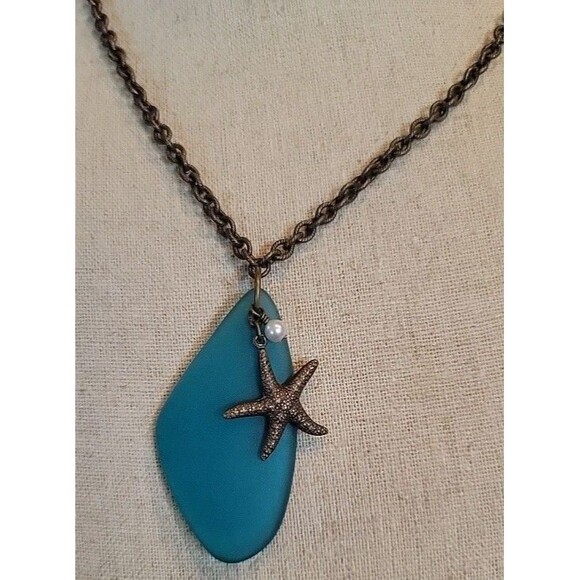 Large Deep Teal Sea Glass Starfish & Faux Pearl Pendant Necklace Ocean Jewelry - Picture 3 of 6